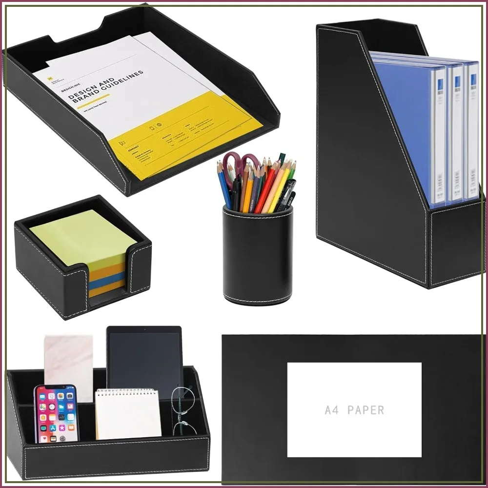6 Piece Desk Organizer Set with Leather Writing Pad, File Tray, Magazine Holder, Pen Cup, Sticky Note Holder, Letter Sorter, Black
6 Piece Desk Organizer Set with Leather Writing Pad, File Tray, Magazine Holder, Pen Cup, Sticky Note Holder, Letter Sorter, Black
