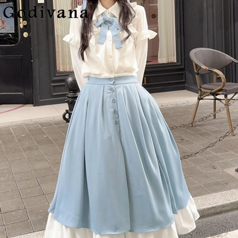 Elegant Lady Slimming Lolita Skirt Set Women Autumn White Shirt Blue Skirt Two Piece Suit Female Japanese Style Sweet Outfits
Elegant Lady Slimming Lolita Skirt Set Women Autumn White Shirt Blue Skirt Two Piece Suit Female Japanese Style Sweet Outfits
