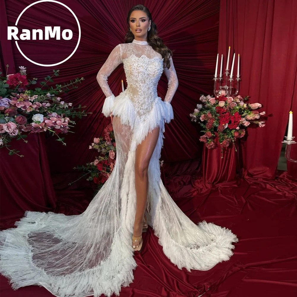 Ranmo Sexy White Lace Wedding Party Dress Pleat High Neck Long Sleeve Tail luxury 2026 Ruffle Open Back High Slit Sweep Train
Ranmo Sexy White Lace Wedding Party Dress Pleat High Neck Long Sleeve Tail luxury 2026 Ruffle Open Back High Slit Sweep Train