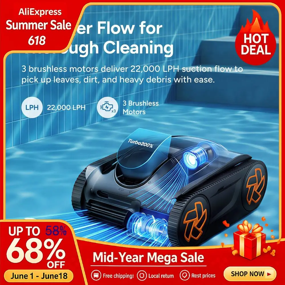 Robotic Pool Cleaner, Cordless Pool Vacuum for All Pool Shapes, 4H Runtime, Intelligent Navigation amp AI Timer, Cleans Custom
Robotic Pool Cleaner, Cordless Pool Vacuum for All Pool Shapes, 4H Runtime, Intelligent Navigation amp AI Timer, Cleans Custom