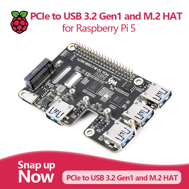 PCIe to USB 3.2 Gen1 and M.2 HAT for Raspberry Pi 5, supports NVMe protocol solid state drives with high-speed reading.
PCIe to USB 3.2 Gen1 and M.2 HAT for Raspberry Pi 5, supports NVMe protocol solid state drives with high-speed reading.
