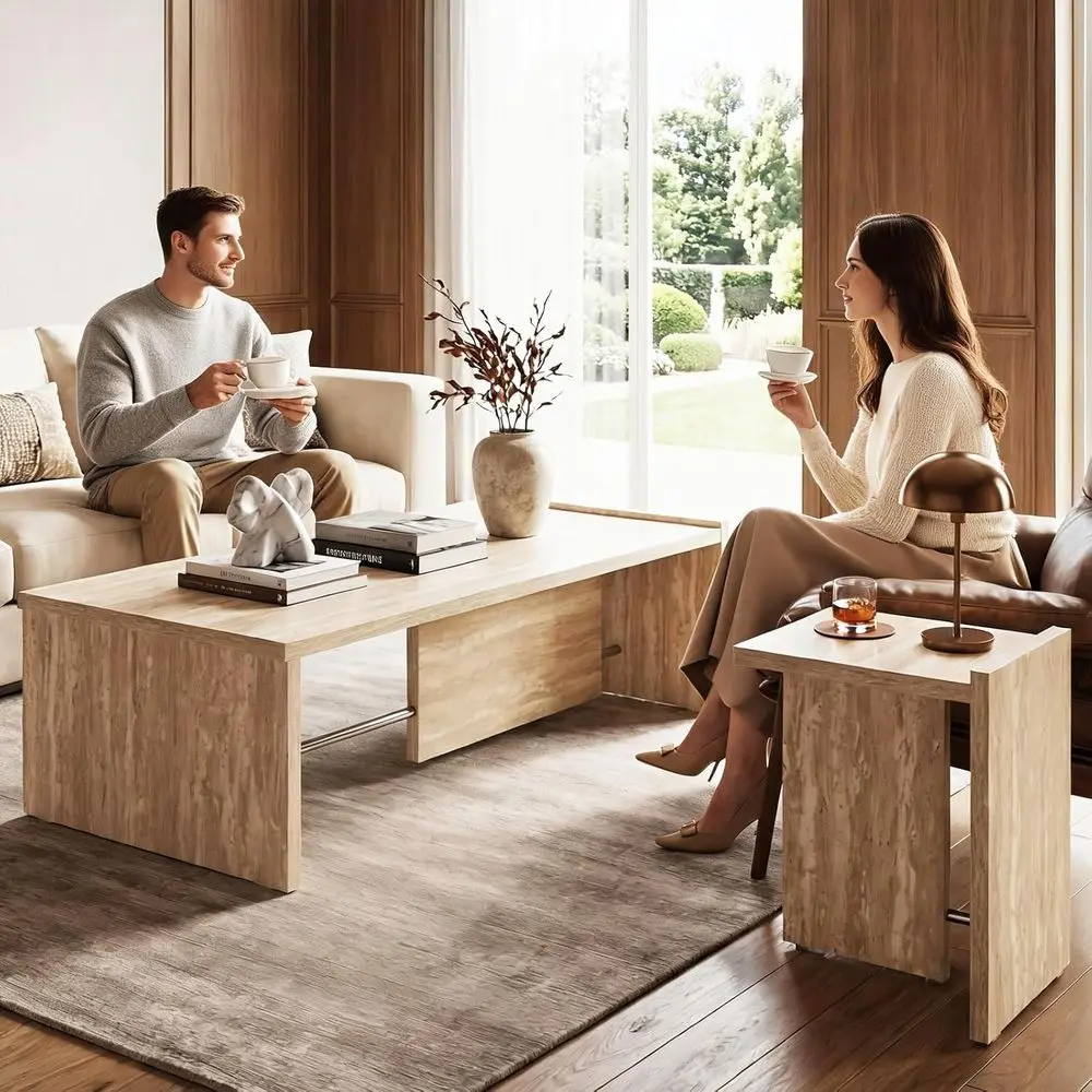 Minimalist 2-Piece Travertine Coffee and End Table Set with Chrome Legs, Beige Stone Living/Bedroom Furniture
Minimalist 2-Piece Travertine Coffee and End Table Set with Chrome Legs, Beige Stone Living/Bedroom Furniture