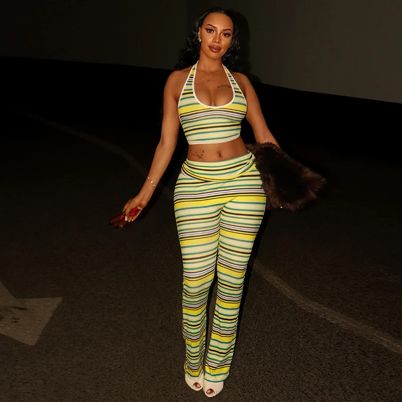 Trendy Color-blocked Striped Women's Printed Pantsset With Exposed Midriff, bodycon Suspender Neck, U-neck Sleeveless Two-piece
Trendy Color-blocked Striped Women's Printed Pantsset With Exposed Midriff, bodycon Suspender Neck, U-neck Sleeveless Two-piece