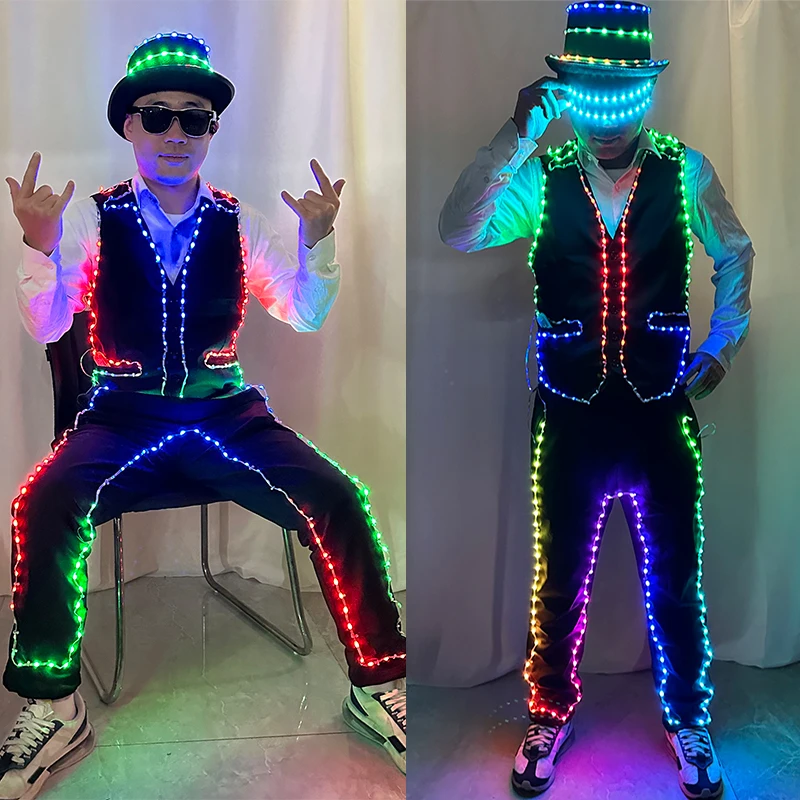 Neon Luminous Hiphop Hat Supplies Light up Glowing Vest Fashion Luminous LED Pants Colorful Fluorescent DJ Night Show Costume
Neon Luminous Hiphop Hat Supplies Light up Glowing Vest Fashion Luminous LED Pants Colorful Fluorescent DJ Night Show Costume