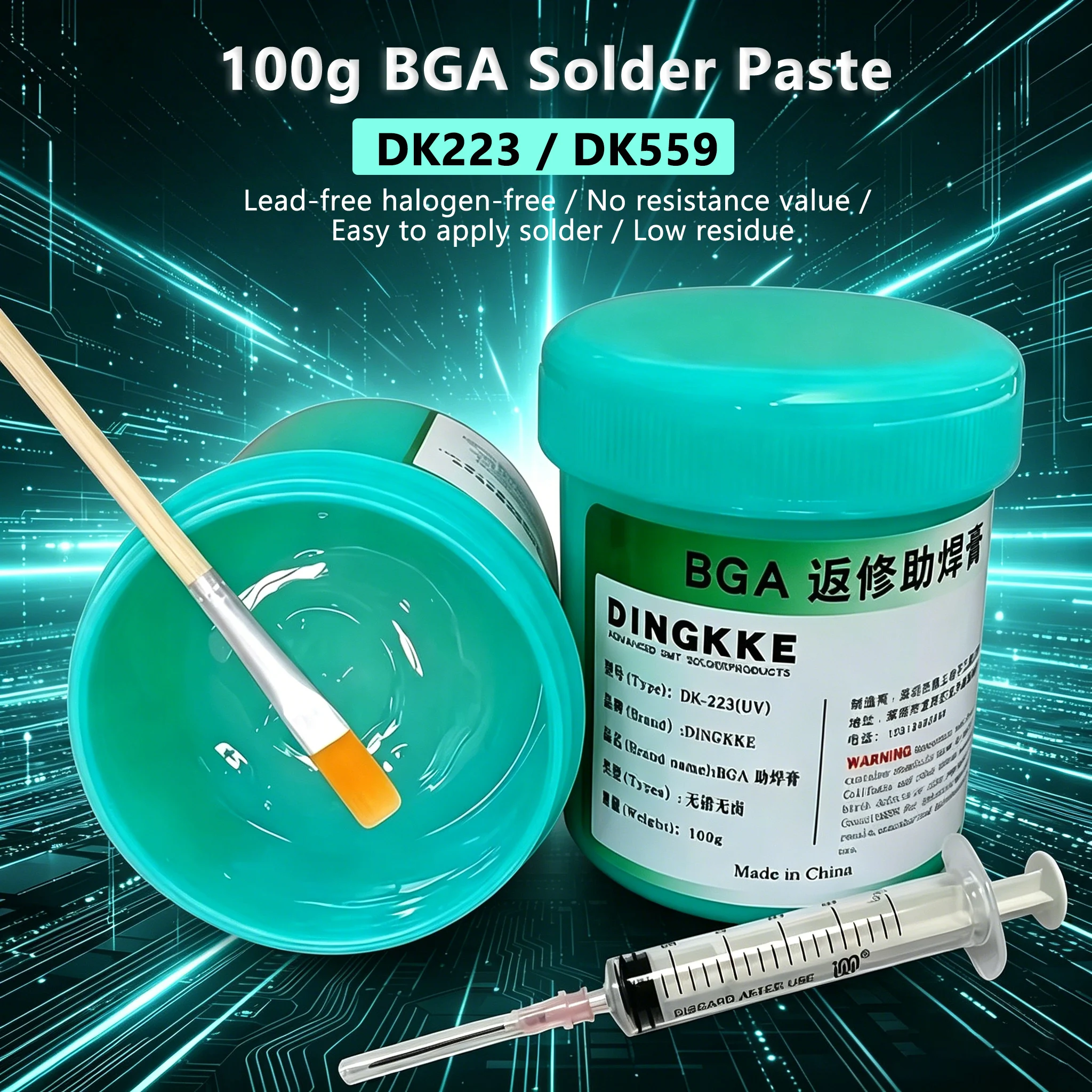 DK223/559 100g Solder Paste Flux for Mobile Phone SMT PCB IC BGA Repair Welding No-cleaning Soldering Flux Tip
DK223/559 100g Solder Paste Flux for Mobile Phone SMT PCB IC BGA Repair Welding No-cleaning Soldering Flux Tip