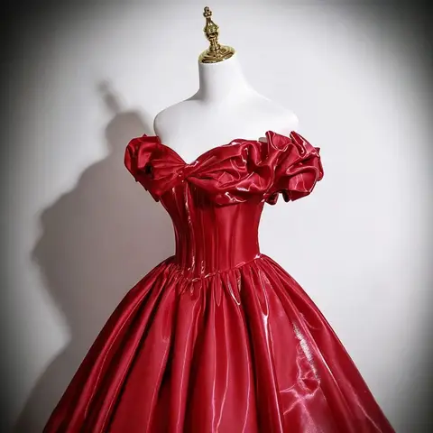 2026 New Women's One Shoulder Red Wedding Dress and Evening Dress Fashion High Quality Satin Toast Dress Long Puff Skirt