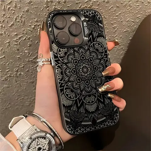Funda Floral con patrón de tótem Mandala para iPhone 16 11 12 13 14 15 Pro Max XR 8 Plus, cubierta de plástico duro IMD de doble capa antiarañazos