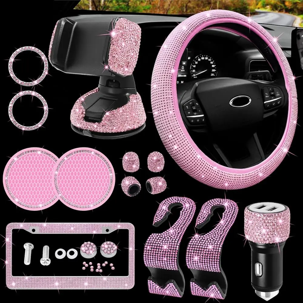 Bling Car Accessories Set for Women Rhinestone Decorations Interior with Steering Wheel Covers, License Plate Frame, Car Hol
Bling Car Accessories Set for Women Rhinestone Decorations Interior with Steering Wheel Covers, License Plate Frame, Car Hol