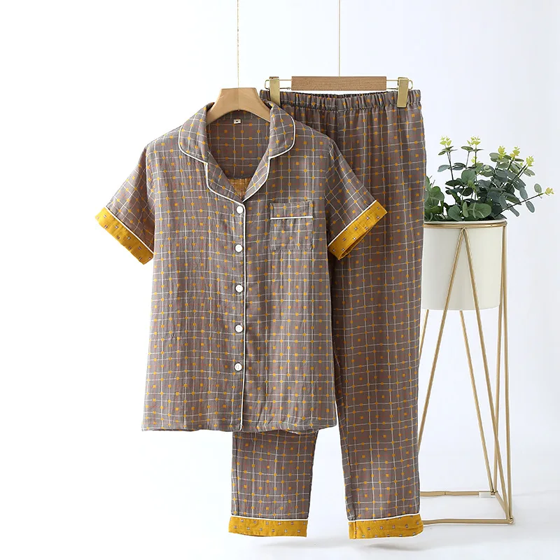 Summer Pure Cotton Women's Pajamas Short Sleeved Trousers Home Clothing Splicing Yarn-dyed Pijama Mujer Loose 2 Piece Sets
Summer Pure Cotton Women's Pajamas Short Sleeved Trousers Home Clothing Splicing Yarn-dyed Pijama Mujer Loose 2 Piece Sets