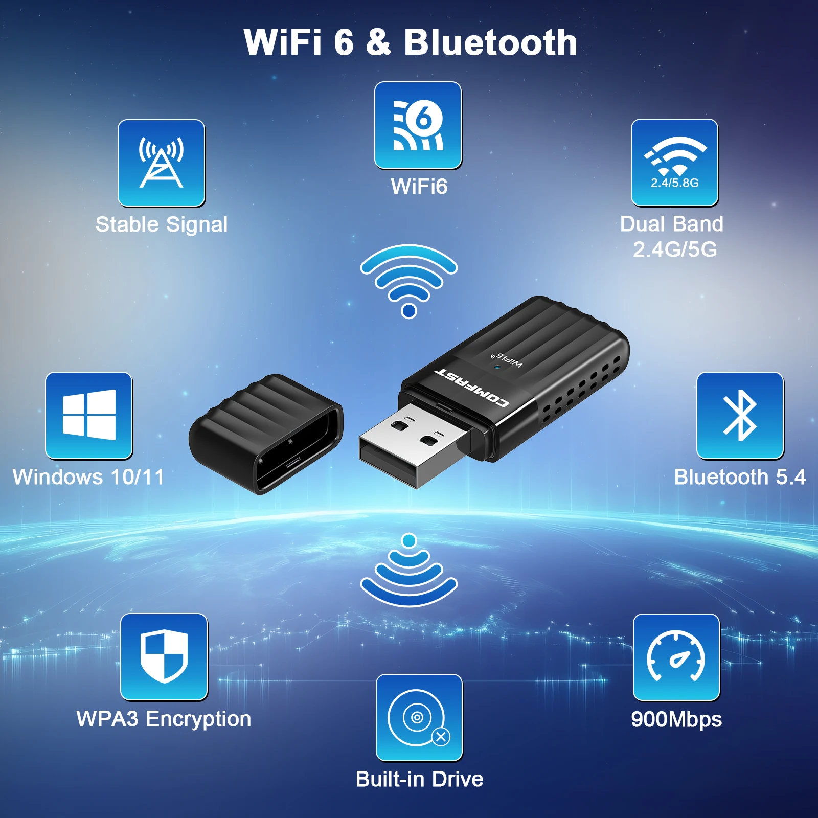 COMFAST CF‑943AX & V2 WiFi 6 Adapter 600Mbps Dual Band 2.4GHz/5.8GHz Bluetooth 5.4 USB 2.0 Soft AP Driver‑Free for Windows
COMFAST CF‑943AX & V2 WiFi 6 Adapter 600Mbps Dual Band 2.4GHz/5.8GHz Bluetooth 5.4 USB 2.0 Soft AP Driver‑Free for Windows