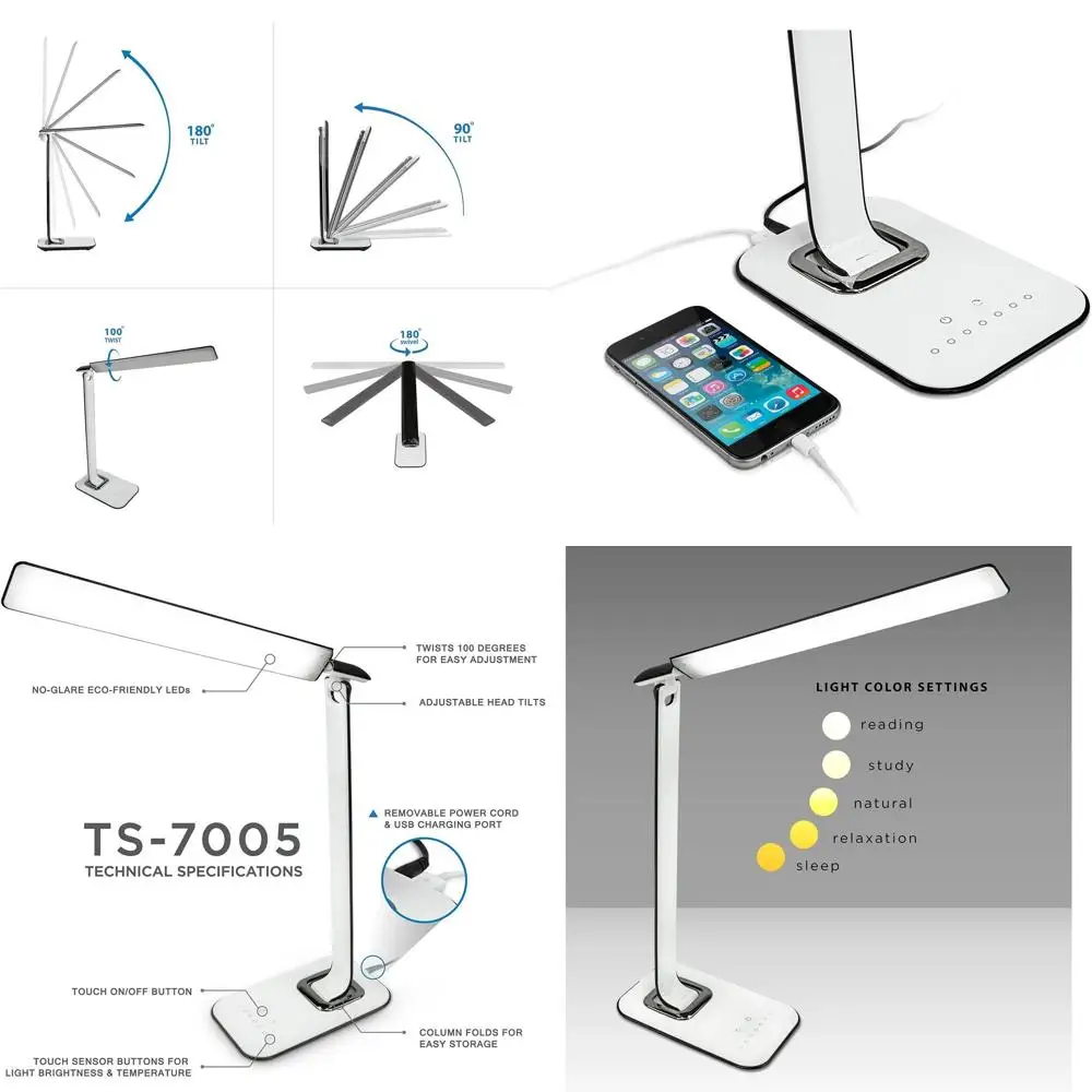 USB Charging LED Desk Lamp with Touch Dimming and Color Adjustment, Eye-Care Task Light, 5W, 1000 Lux, Multicolor
USB Charging LED Desk Lamp with Touch Dimming and Color Adjustment, Eye-Care Task Light, 5W, 1000 Lux, Multicolor