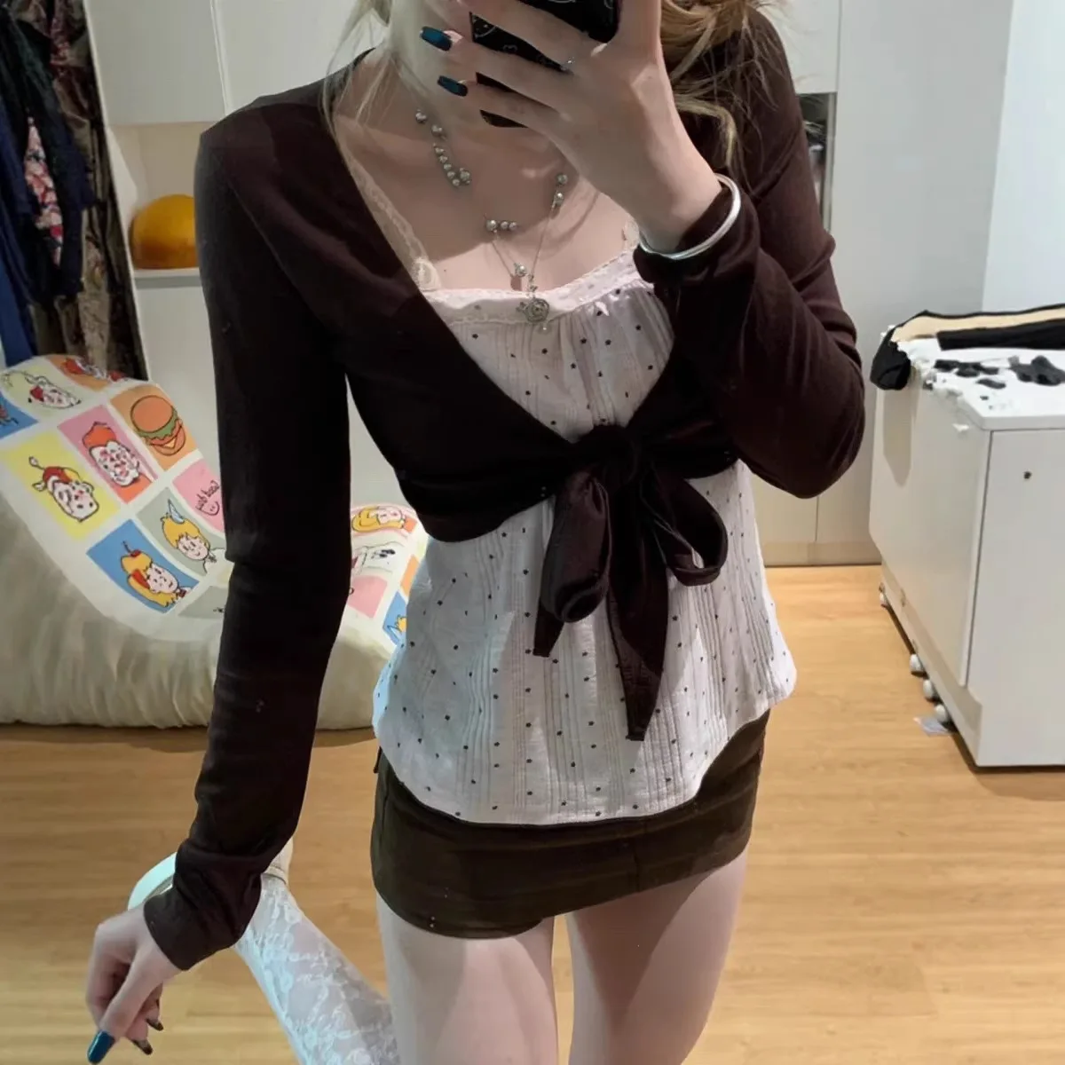 Korean Chic Casual Two Piece Sets Women Pink Polka Dot Camisole Brown Tie Front Knit Cardigan Cute Layering Summer Outfits 2026
Korean Chic Casual Two Piece Sets Women Pink Polka Dot Camisole Brown Tie Front Knit Cardigan Cute Layering Summer Outfits 2026