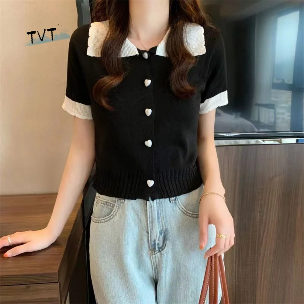 Lapel Knit V-neck T-shirt Love button Patchwork Women's Slim Crop Tops Streetwear Female Summer Tops Short Sleeve Tops Club
Lapel Knit V-neck T-shirt Love button Patchwork Women's Slim Crop Tops Streetwear Female Summer Tops Short Sleeve Tops Club