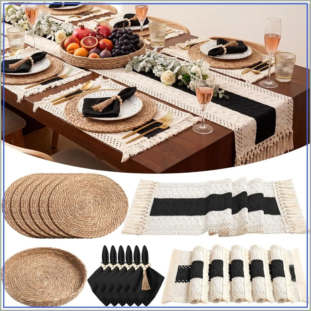 6-Piece Boho Placemat Set: Woven Round Placemats, Cloth Napkins, Wood Bead Rings, Runner - Black
6-Piece Boho Placemat Set: Woven Round Placemats, Cloth Napkins, Wood Bead Rings, Runner - Black
