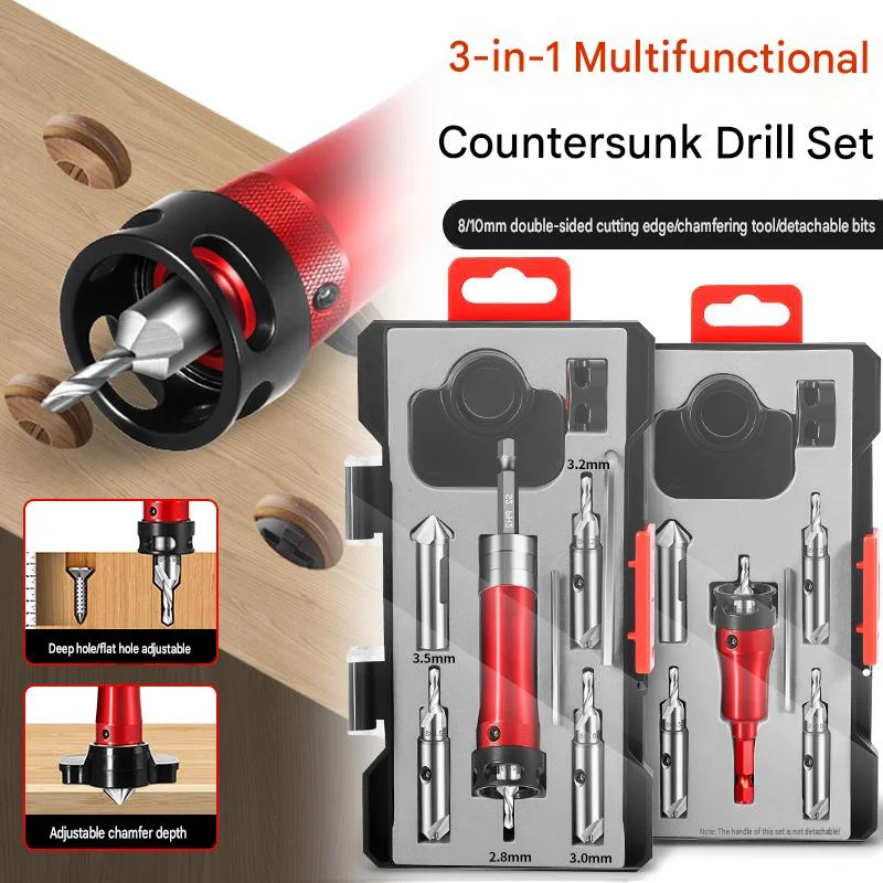 Metal Countersink Drill Bit Set 9-in-1 with Depth Stop Reversible Heads Vertical Pilot Adjustable Hex Shank for Hardened Steel
Metal Countersink Drill Bit Set 9-in-1 with Depth Stop Reversible Heads Vertical Pilot Adjustable Hex Shank for Hardened Steel