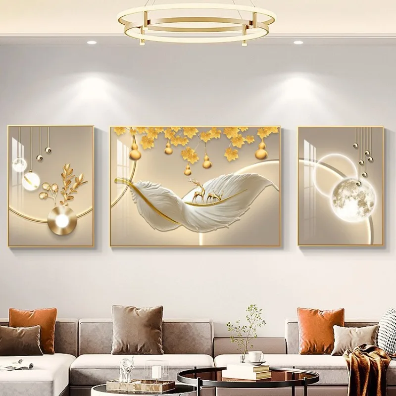New living room decorative paintings, modern light luxury sofa background wall hanging, high feather murals
New living room decorative paintings, modern light luxury sofa background wall hanging, high feather murals