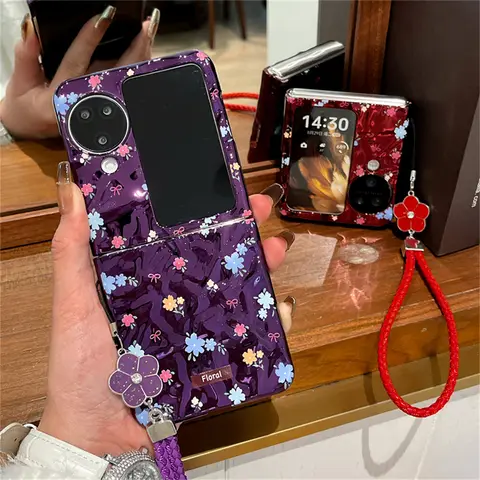 Luxury Purple Red Full Screen Flowers Electroplated Case with Weave Rope for OPPO Find N3 FLIP findn2 flip Find N3 Flip Cover