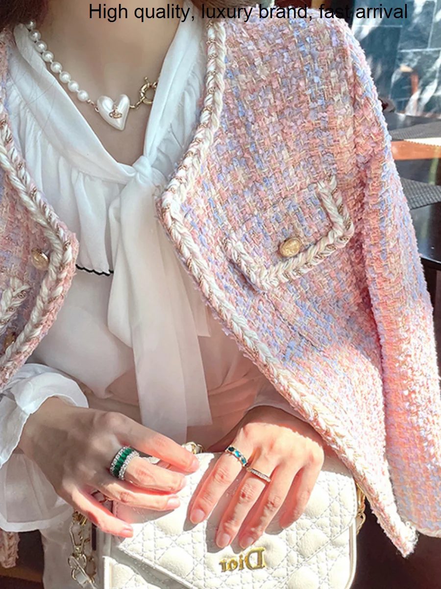 Plaid Sweet Pink Woven Striped Woolen Coat Women Autumn Winter French Style Temperament Round Neck Single-Breasted Tweed Blazer
Plaid Sweet Pink Woven Striped Woolen Coat Women Autumn Winter French Style Temperament Round Neck Single-Breasted Tweed Blazer