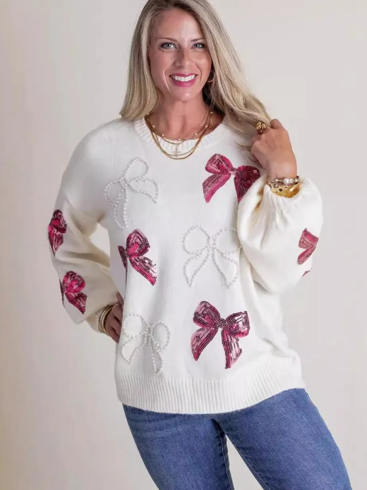 Women Bow Glitter Knitted Pullovers O Neck Sweater Basic Top Casual Long Sleeve Round Neck Pullover Warm 2024 Autumn Winter
Women Bow Glitter Knitted Pullovers O Neck Sweater Basic Top Casual Long Sleeve Round Neck Pullover Warm 2024 Autumn Winter