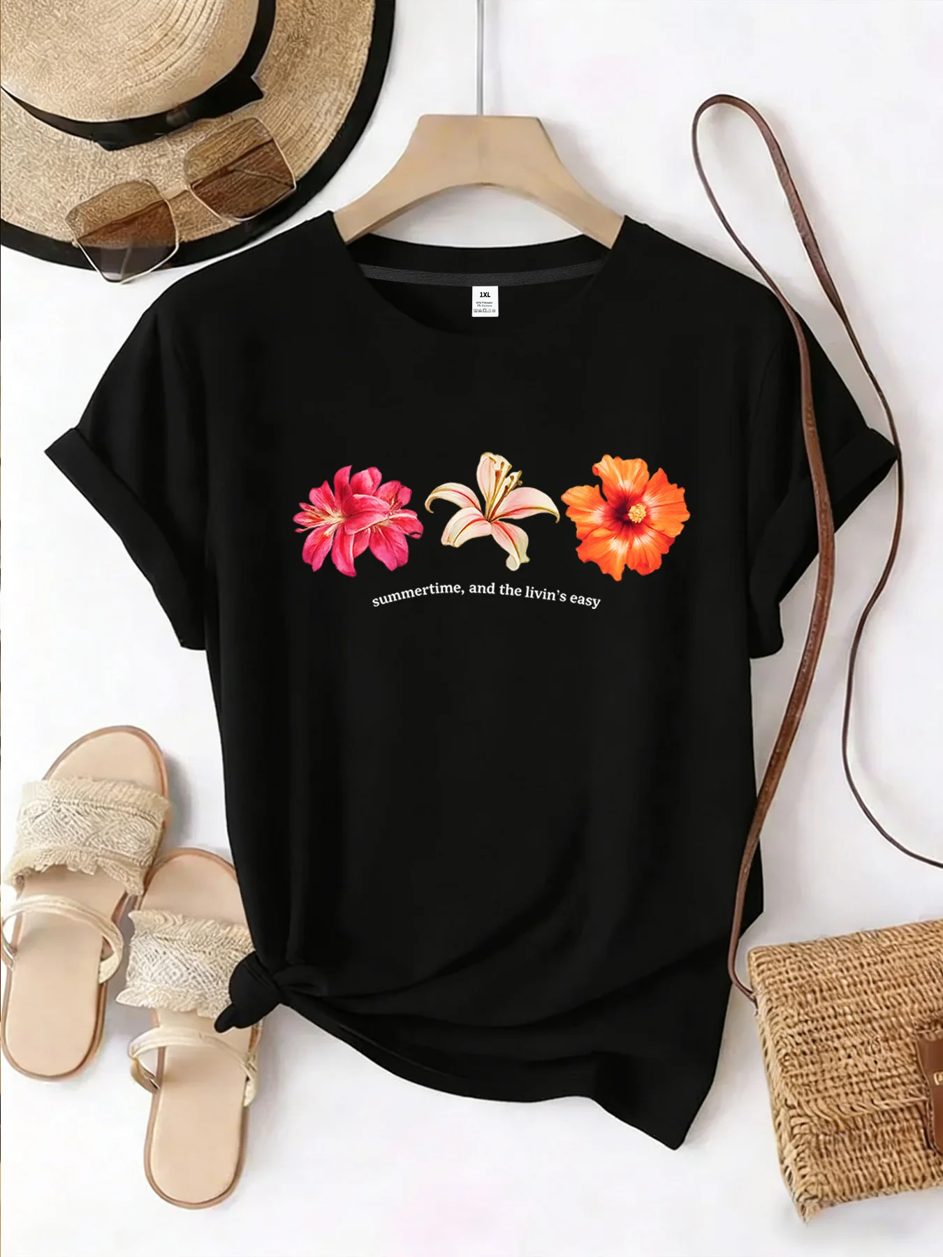 【YJ00055】Three flowers Plus size women's round neck short sleeve T-shirt with elastic half sleeves and trendy prints
【YJ00055】Three flowers Plus size women's round neck short sleeve T-shirt with elastic half sleeves and trendy prints