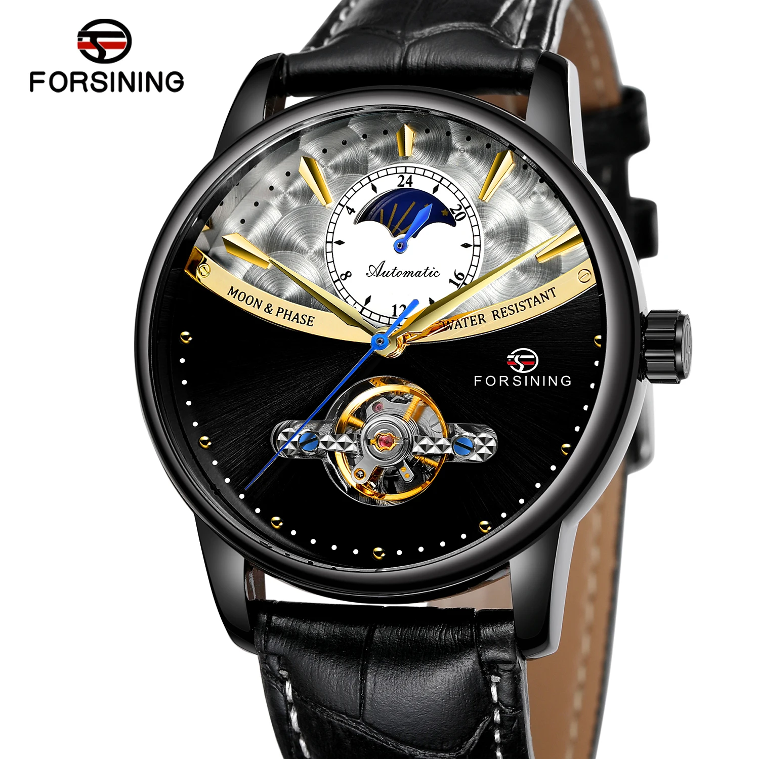 FORSINING Black Watch Moon Pattern Flywheel Mechanical Skin Strap Wrist Watch Men's and women's Watches
FORSINING Black Watch Moon Pattern Flywheel Mechanical Skin Strap Wrist Watch Men's and women's Watches