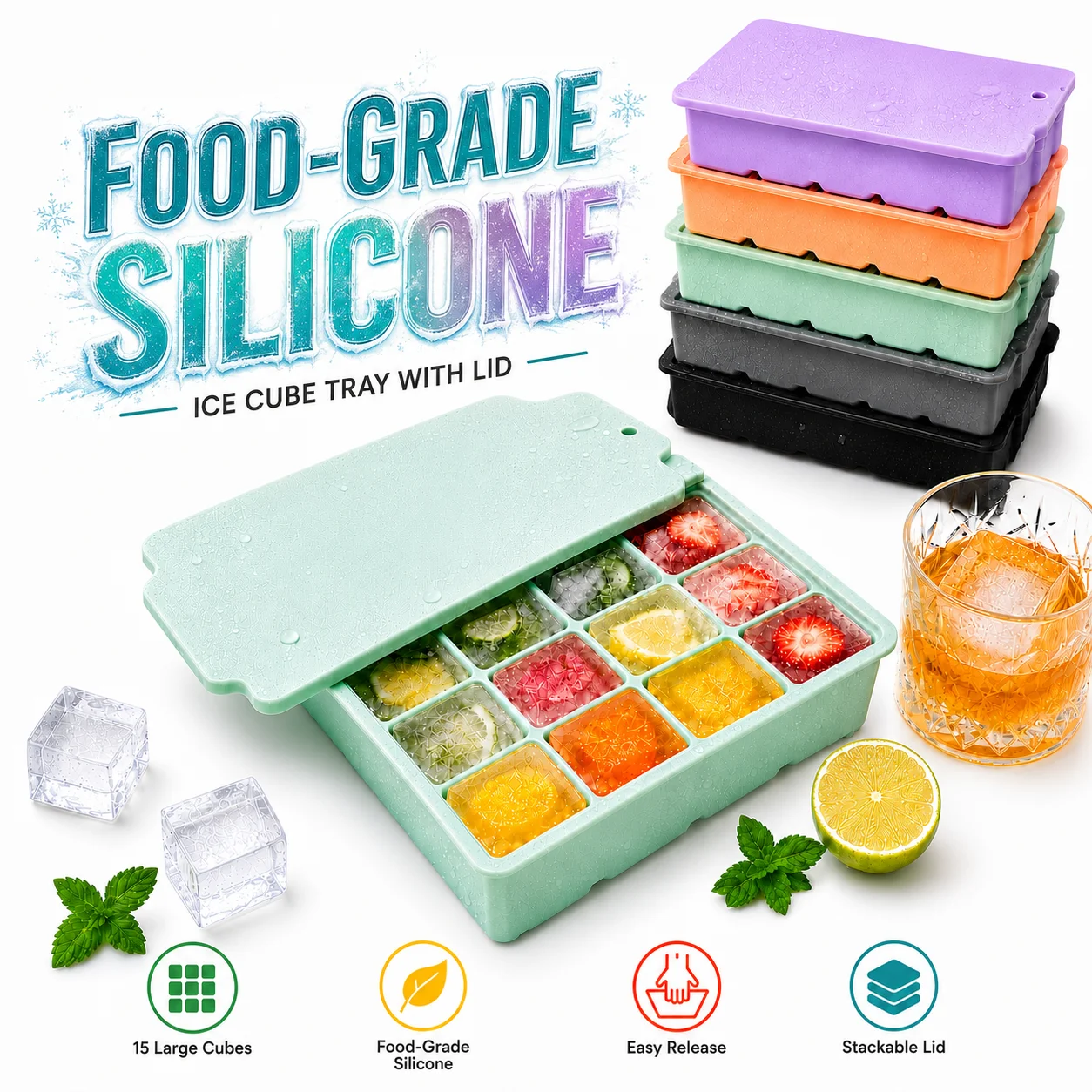 15-Grid Silicone Ice Cube Tray with Lid Large Square Ice Mold for Whiskey Cocktails Reusable Easy Release Ice Maker
15-Grid Silicone Ice Cube Tray with Lid Large Square Ice Mold for Whiskey Cocktails Reusable Easy Release Ice Maker