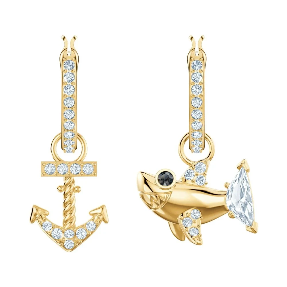 Gold Plated Nautical Mismatched Drop Earrings – Anchor & Shark with Crystal Pave
Gold Plated Nautical Mismatched Drop Earrings – Anchor & Shark with Crystal Pave