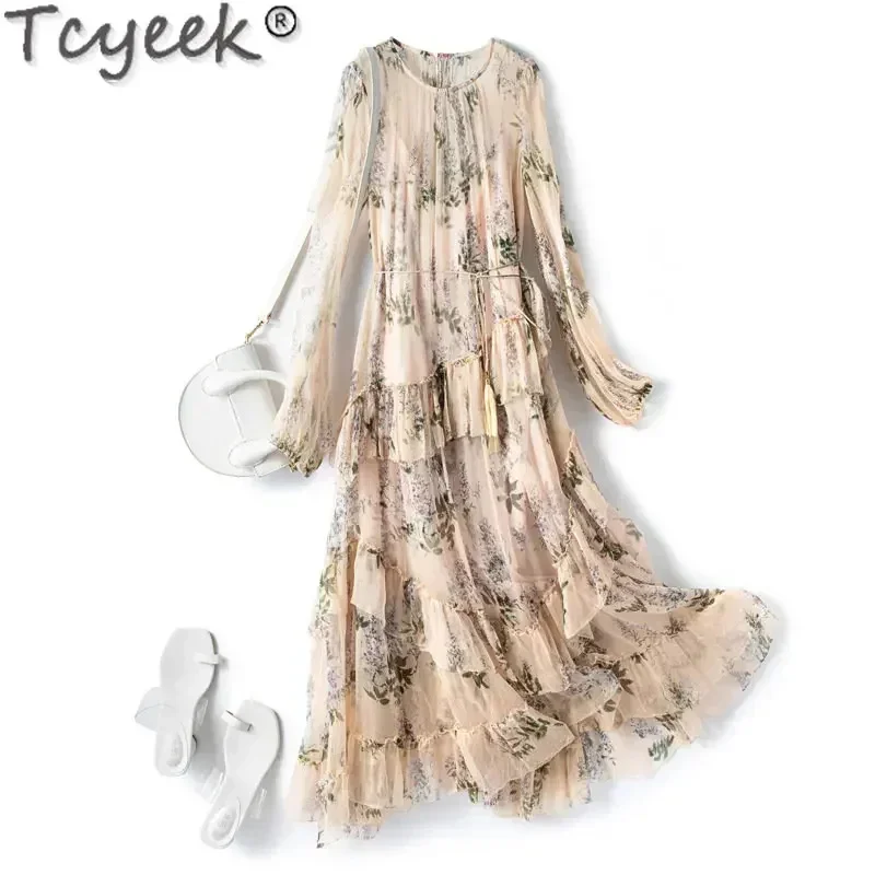 

100% Tcyeek Mulberry Silk for Women Floral Dress Korean Style Long Sleeve Dresses Spring Summer Vestido Para Mujer