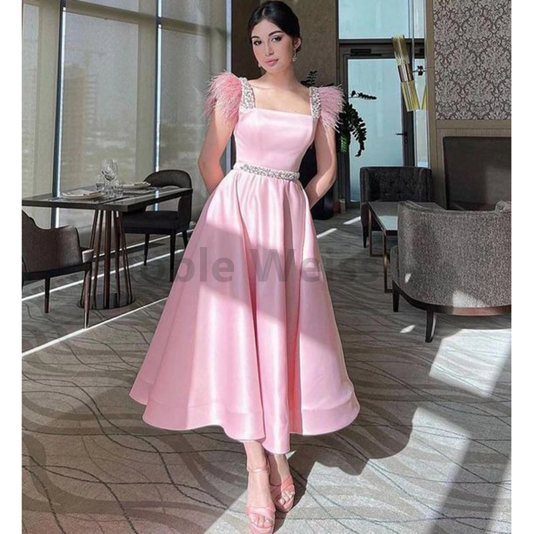 Square Neck Satin Prom Dress Tea Length A Line Formal Evening Gown Customize
Square Neck Satin Prom Dress Tea Length A Line Formal Evening Gown Customize