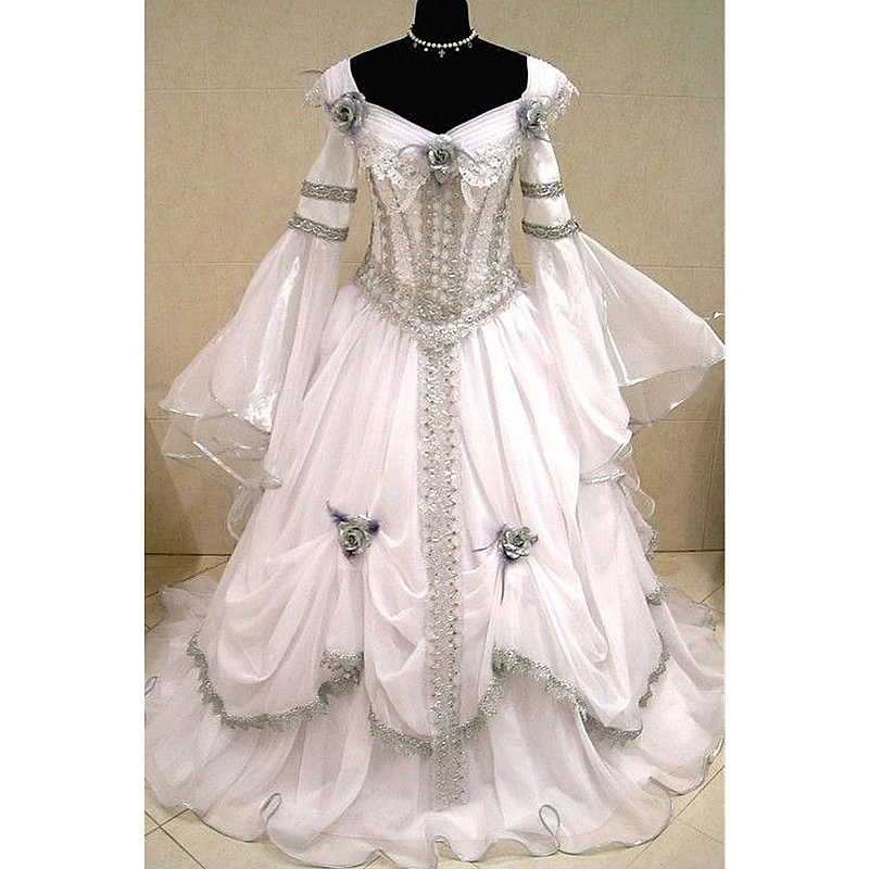 Vintage Victorian Wedding Dress With Flare Long Sleeves Ruched Medieval Bridal Gowns Customized
Vintage Victorian Wedding Dress With Flare Long Sleeves Ruched Medieval Bridal Gowns Customized