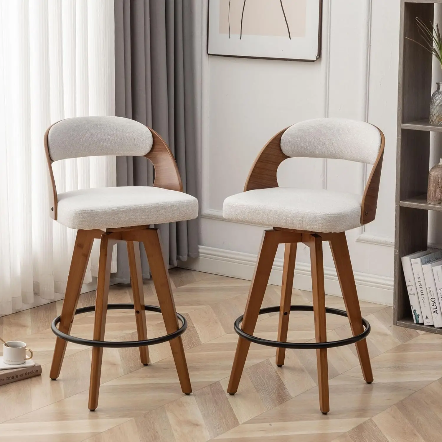 30.3in Swivel Upholstered Bar Stools Set of 2 with Back & Wood Legs for Kitchen Island, Customized
30.3in Swivel Upholstered Bar Stools Set of 2 with Back & Wood Legs for Kitchen Island, Customized