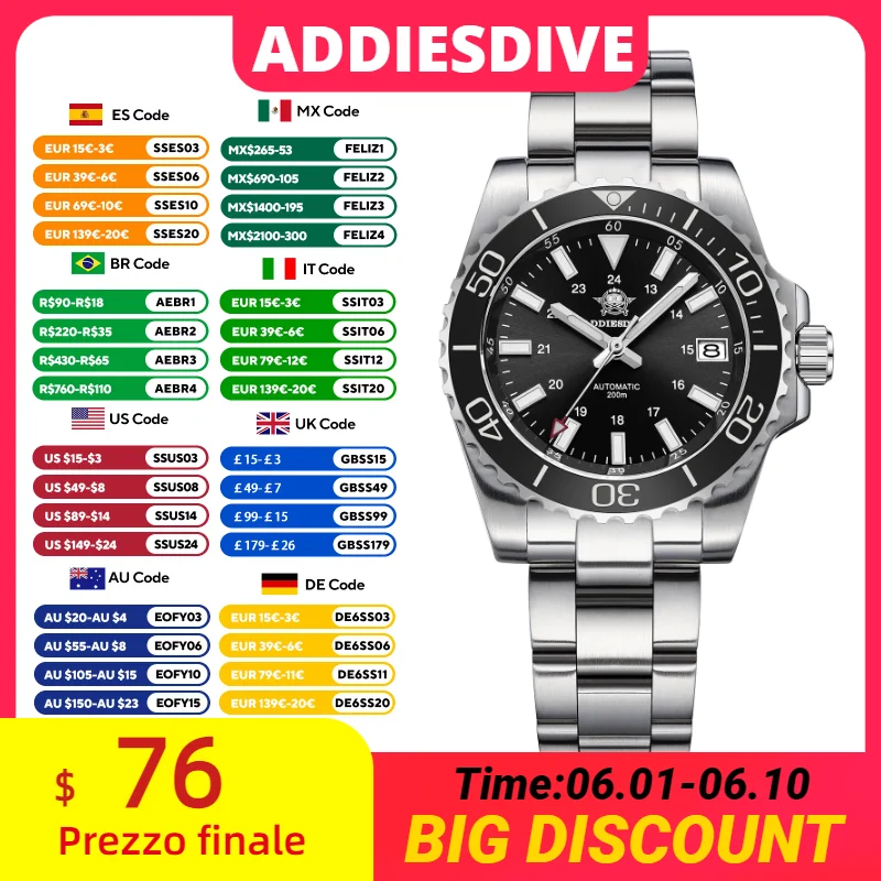 ADDIESDIVE AD2504 Men's Automatic Mechanical Watch Stainless Steel 20Bar Waterproof BGW9 Super Luminous Sapphire Glass Watches
ADDIESDIVE AD2504 Men's Automatic Mechanical Watch Stainless Steel 20Bar Waterproof BGW9 Super Luminous Sapphire Glass Watches