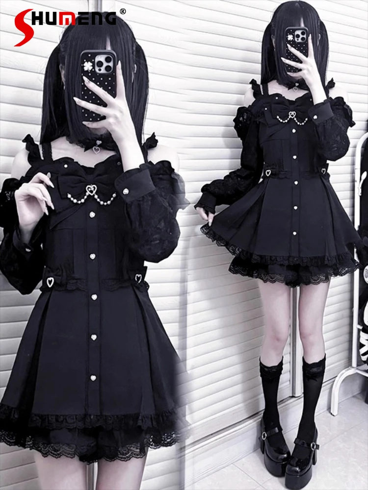 Japanese Mines Style Subculture Dark Dress Sets Off-Shoulder Long Sleeve Heart Bow Lace Dress Add Shorts Two-Piece Set for Women
Japanese Mines Style Subculture Dark Dress Sets Off-Shoulder Long Sleeve Heart Bow Lace Dress Add Shorts Two-Piece Set for Women