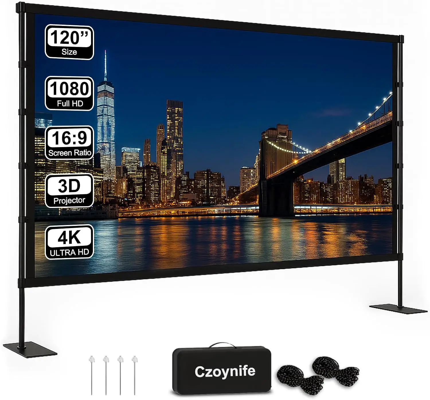120-дюймовый портативный экран для проектора со стойкой, совместимый с 4K HD и 3D, для просмотра фильмов в помещении и на улице
120-дюймовый портативный экран для проектора со стойкой, совместимый с 4K HD и 3D, для просмотра фильмов в помещении и на улице