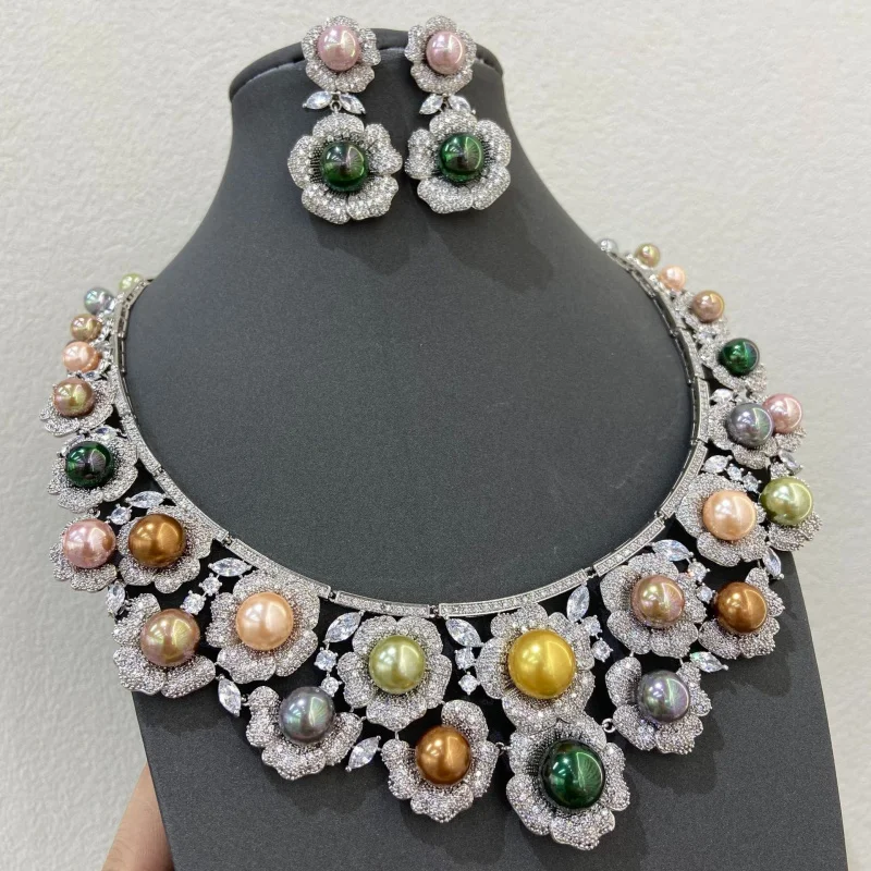 luxury Silver Tone Multicolor Pearl & CZ Statement Necklace and Earrings Set evening prom jewelry
luxury Silver Tone Multicolor Pearl & CZ Statement Necklace and Earrings Set evening prom jewelry