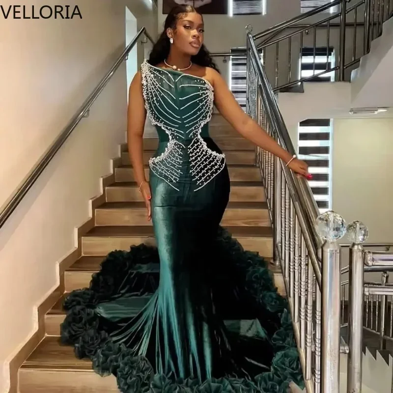 Emerald Green Velvet Ball Dress Elegant One Shoulder Mermaid Pearl Ruffle Party Gown African Women's Evening Dress Customized
Emerald Green Velvet Ball Dress Elegant One Shoulder Mermaid Pearl Ruffle Party Gown African Women's Evening Dress Customized