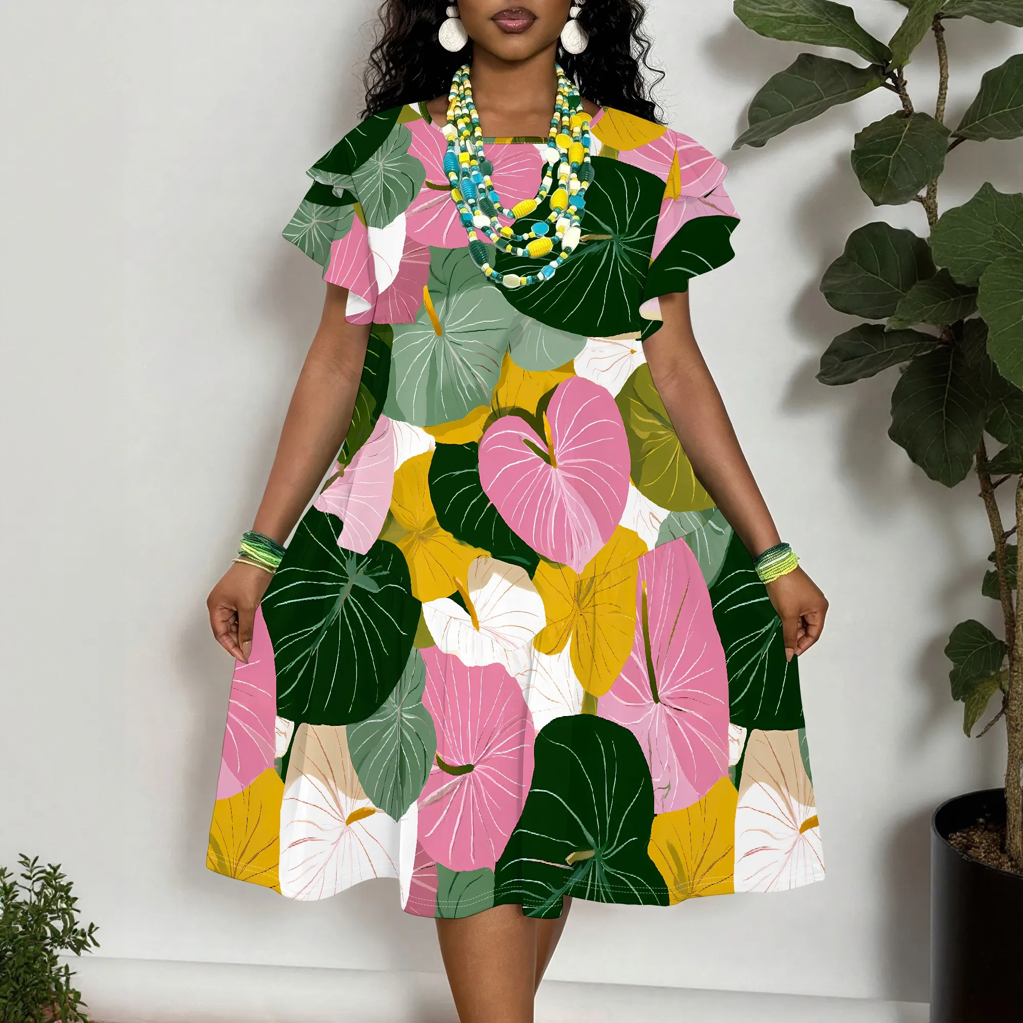 Tropical Leaf Print Short Sleeve Dress for Women, Vibrant Floral Summer Casual A-Line Swing Midi Dress
Tropical Leaf Print Short Sleeve Dress for Women, Vibrant Floral Summer Casual A-Line Swing Midi Dress