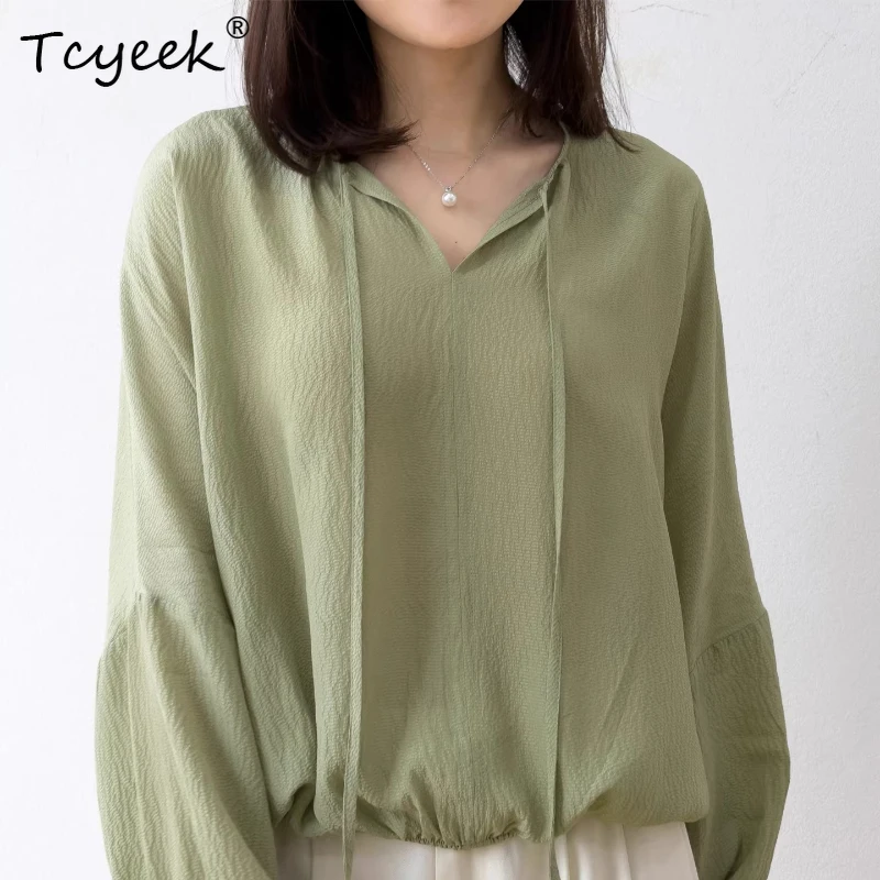 Tcyeek 100% Mulberry Silk Blouse 2026 Elegant Blouses for Women Spring Summer Clothes Sunscreen Long Sleeve Top Pullover Lace-up
Tcyeek 100% Mulberry Silk Blouse 2026 Elegant Blouses for Women Spring Summer Clothes Sunscreen Long Sleeve Top Pullover Lace-up