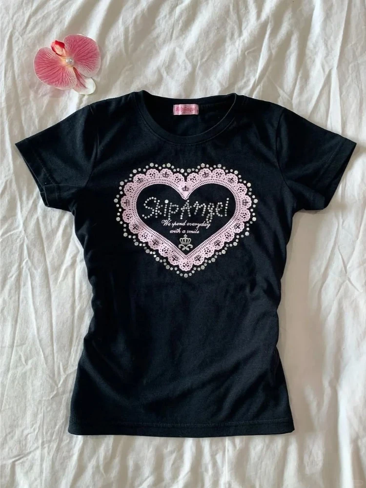 Deeptown Y2k Black Vintage Lace Love Letter Print Women Cropped T-Shirts Harajuku Rhinestone Short Sleeve Tees Slim Gyaru Casual
Deeptown Y2k Black Vintage Lace Love Letter Print Women Cropped T-Shirts Harajuku Rhinestone Short Sleeve Tees Slim Gyaru Casual