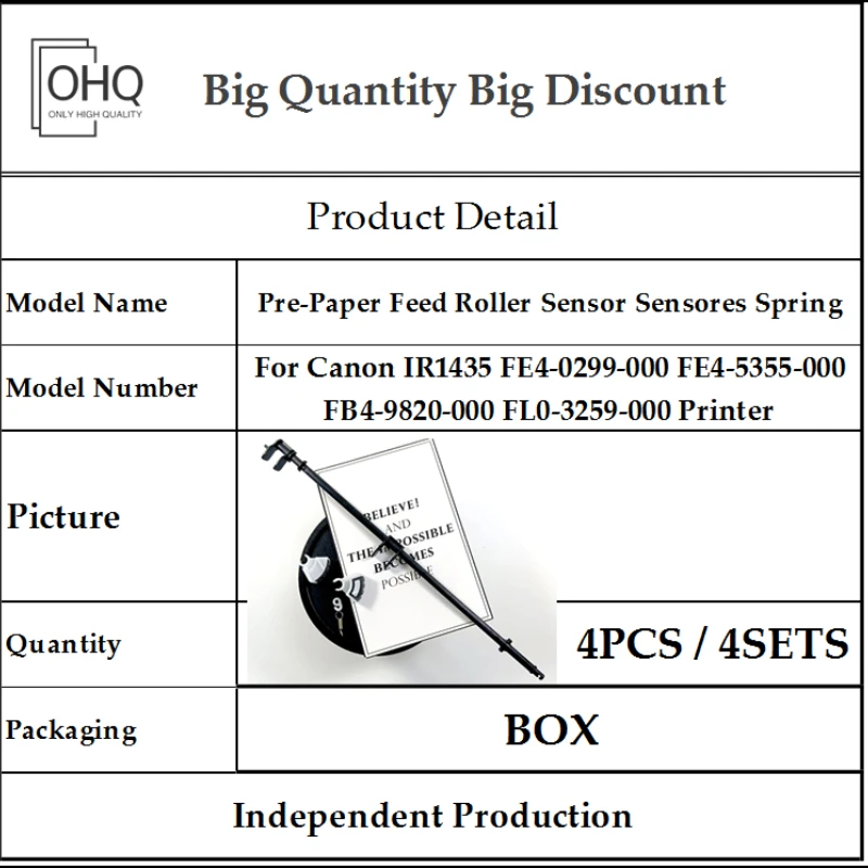 1435 Pre-Paper Feed Roller Sensor Sensores Spring for Canon IR1435 FE4-0299-000 FE4-5355-000 FB4-9820-000 FL0-3259-000 Printer
1435 Pre-Paper Feed Roller Sensor Sensores Spring for Canon IR1435 FE4-0299-000 FE4-5355-000 FB4-9820-000 FL0-3259-000 Printer