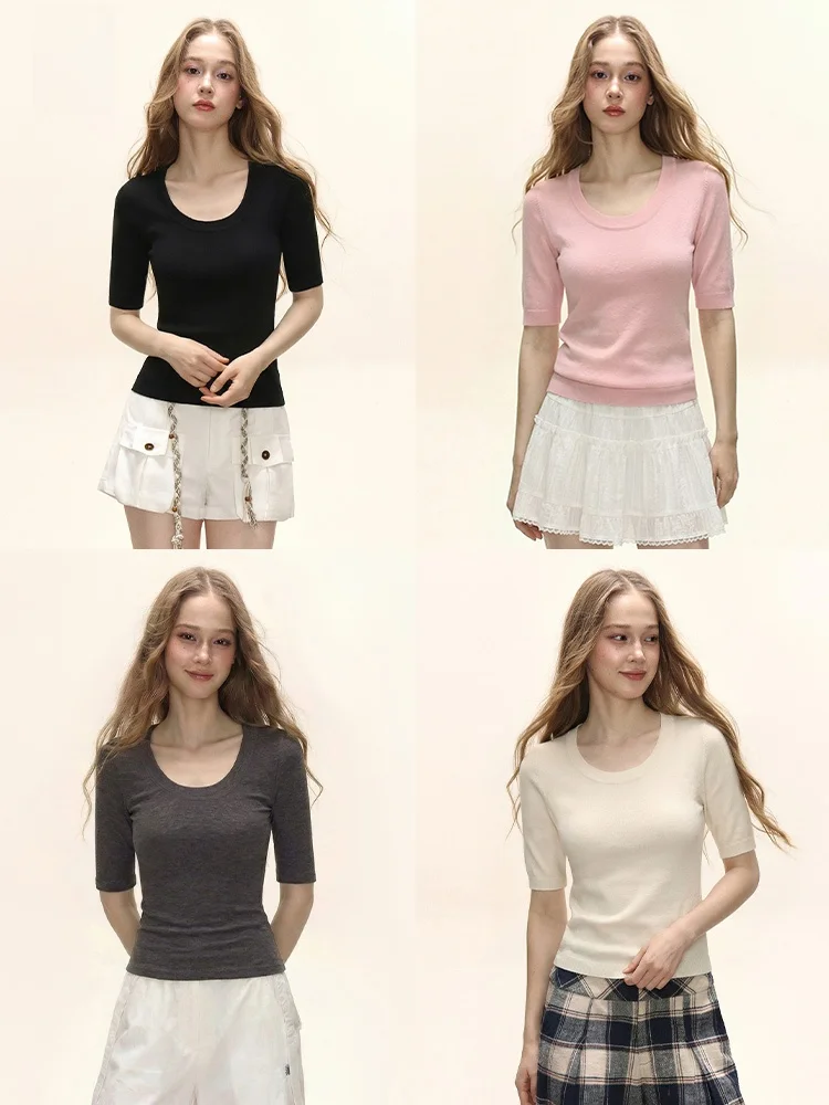 Slim Fit U-Neck mid Sleeve T-Shirt Women Summer Spicy Short Top Pure Color Basic Slimming Korean Style Knitted Casual Wear
Slim Fit U-Neck mid Sleeve T-Shirt Women Summer Spicy Short Top Pure Color Basic Slimming Korean Style Knitted Casual Wear