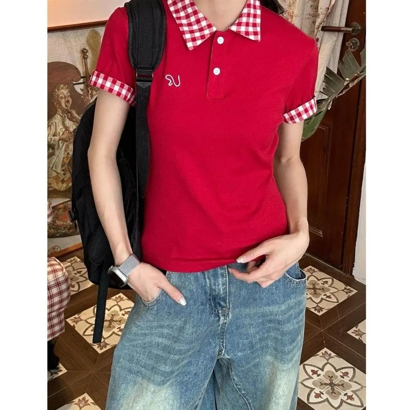 Deeptown Women Red Polo Shirts Vintage Preppy Style Plaid Patchwork Short Sleeve T-shirts Korean Fashion Fake Two-piece Tees
Deeptown Women Red Polo Shirts Vintage Preppy Style Plaid Patchwork Short Sleeve T-shirts Korean Fashion Fake Two-piece Tees
