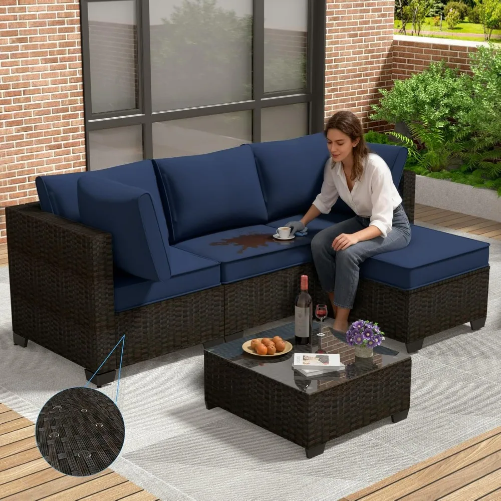 5-Piece Patio Furniture Set, 4.3" Thick Cushions Outdoor Sectional Sofa with Glass Coffee Table - Heavy Duty PE, Customized
5-Piece Patio Furniture Set, 4.3" Thick Cushions Outdoor Sectional Sofa with Glass Coffee Table - Heavy Duty PE, Customized