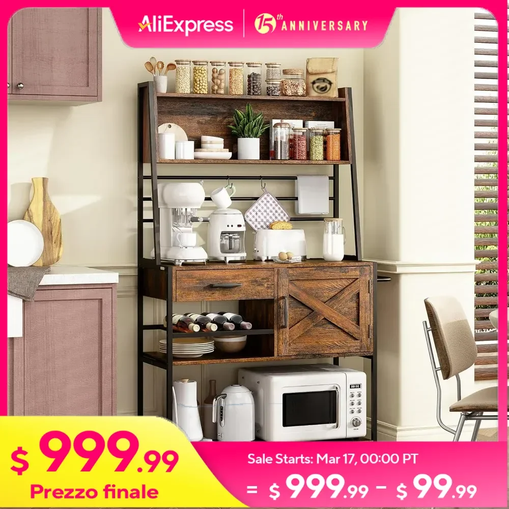 Large Bakers Rack with Power Outlets, Kitchen Microwave Oven Stand with Shelves, Coffee Bar Station Table with Wine Rack
Large Bakers Rack with Power Outlets, Kitchen Microwave Oven Stand with Shelves, Coffee Bar Station Table with Wine Rack