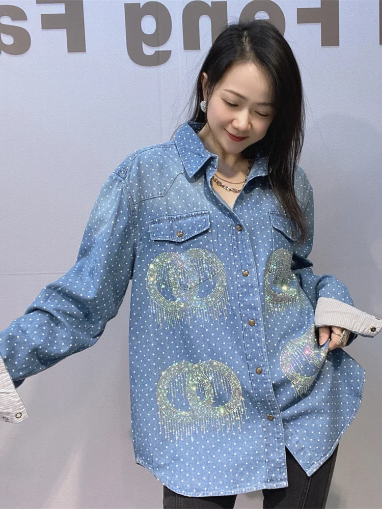 Женская повседневная джинсовая рубашка с длинным рукавом, с принтом, с объемной вышивкой, свободного кроя, с декором из страз, синяя, весна-осень, новинка
Женская повседневная джинсовая рубашка с длинным рукавом, с принтом, с объемной вышивкой, свободного кроя, с декором из страз, синяя, весна-осень, новинка