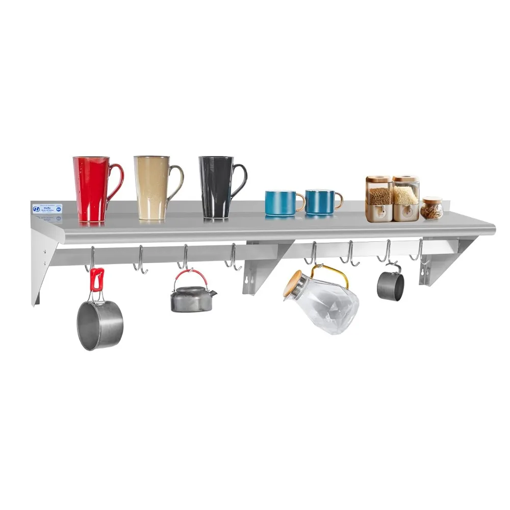 HALLY Stainless Steel Shelf with 8 Hooks 14" x 60" Wall Mounted Pot Rack 400lb, NSF Commercial Floating Shelving for Storage Han
HALLY Stainless Steel Shelf with 8 Hooks 14" x 60" Wall Mounted Pot Rack 400lb, NSF Commercial Floating Shelving for Storage Han
