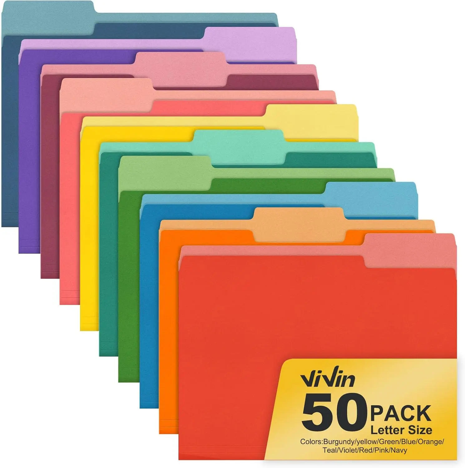50 Pack Colored File Folders with 1/3-Cut Tabs for Letter Size Paper, Home Office School Document Organizer
50 Pack Colored File Folders with 1/3-Cut Tabs for Letter Size Paper, Home Office School Document Organizer