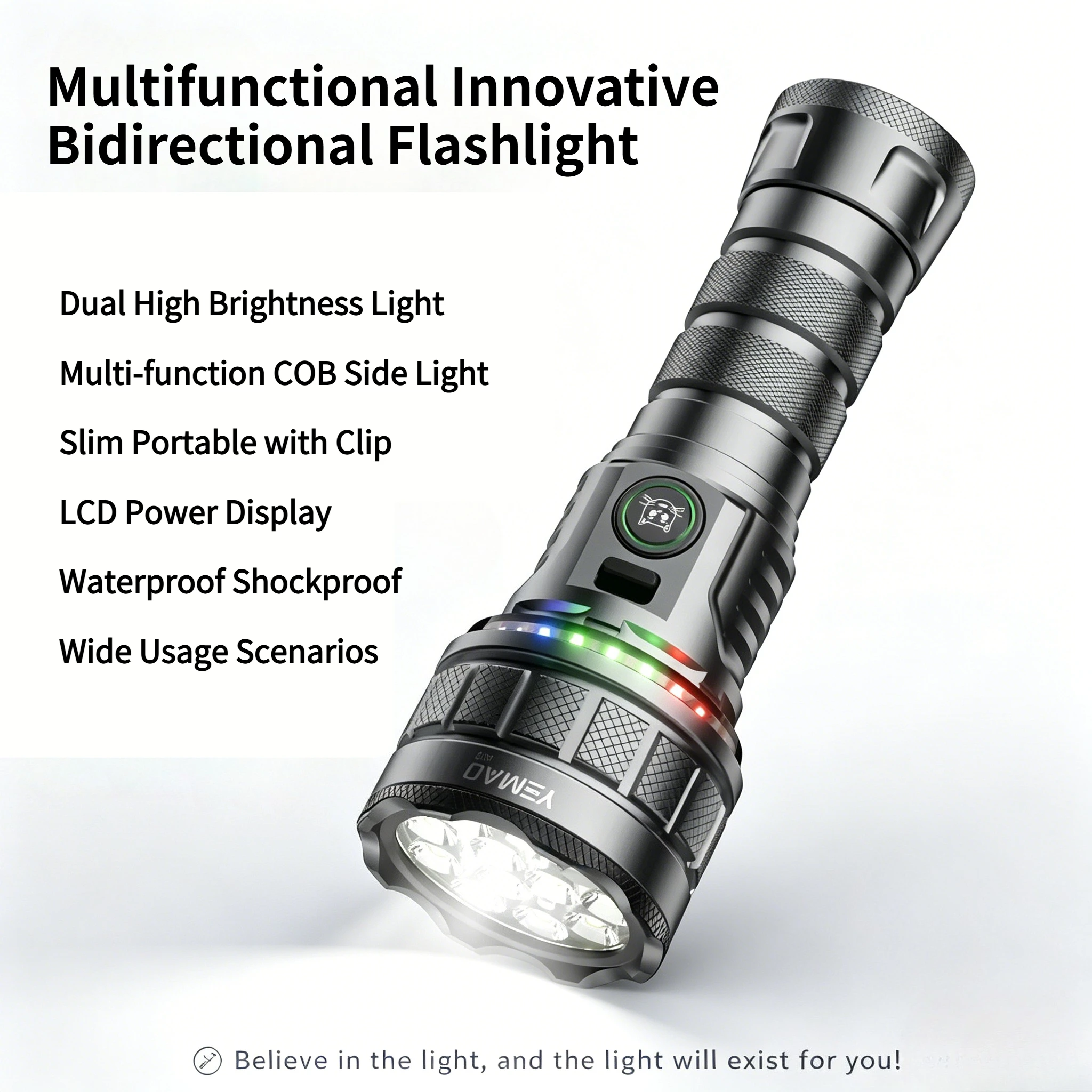 Rechargeable Tactical Flashlight with 3 Light Sources, 8 Modes, Magnetic Base, RGB Battery ,Dual Switch Indicator
Rechargeable Tactical Flashlight with 3 Light Sources, 8 Modes, Magnetic Base, RGB Battery ,Dual Switch Indicator