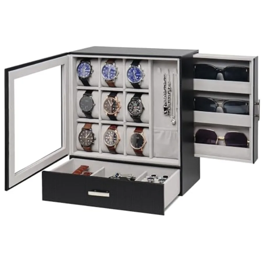 9-Slot Watch Box, Mens Jewelry Box with Glass Lid and Drawer, Leather Watch Organizer for Watches, Sunglasses, Vertical Watch C
9-Slot Watch Box, Mens Jewelry Box with Glass Lid and Drawer, Leather Watch Organizer for Watches, Sunglasses, Vertical Watch C