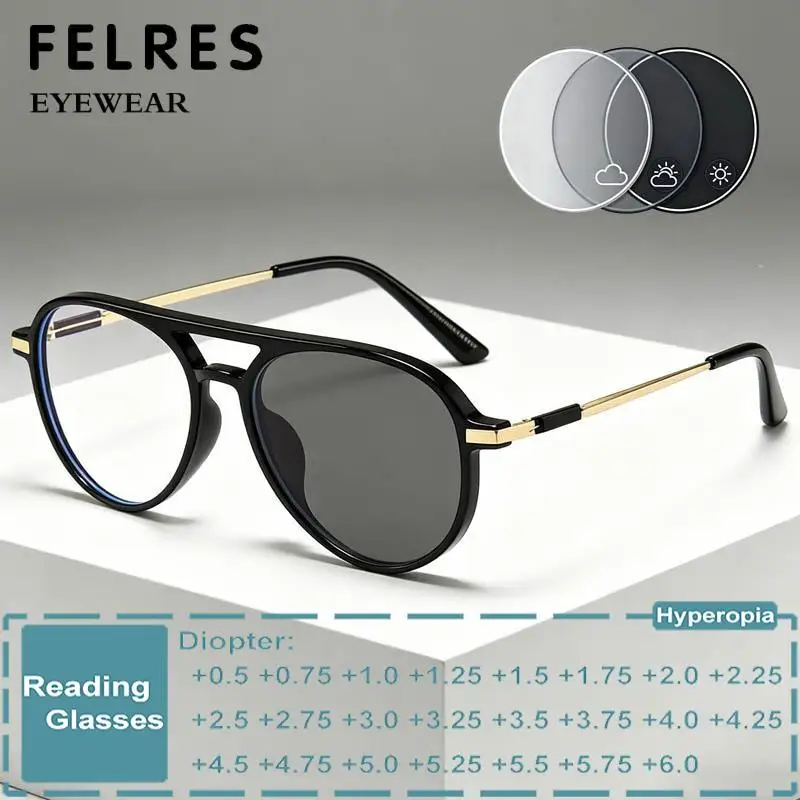 Pilot Double Bridge Photochromic Reading Glasses For Men Women Oval Finished Presbyopia Glasses Outddoor Discolored Eyewear +1.5
Pilot Double Bridge Photochromic Reading Glasses For Men Women Oval Finished Presbyopia Glasses Outddoor Discolored Eyewear +1.5